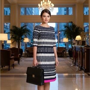 ELIZA J Navy Blue White w Neon Pink Accent Geometric Print Shift Dress Sz: 8